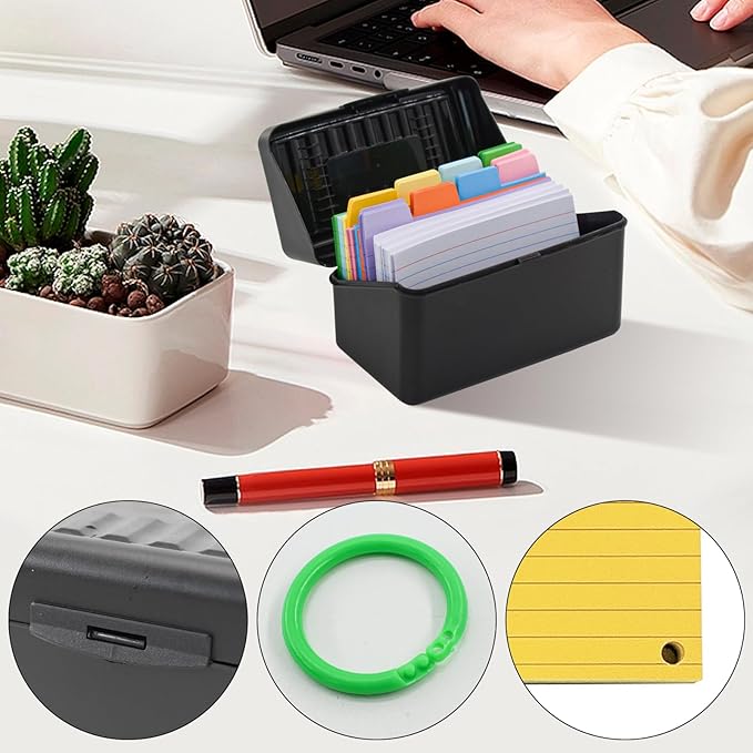 VANRA Index Card Holder 3x5 Flash Card Organizer Case 300 Colored Index Cards Bulk Blank Note Cards with Ring (Black)