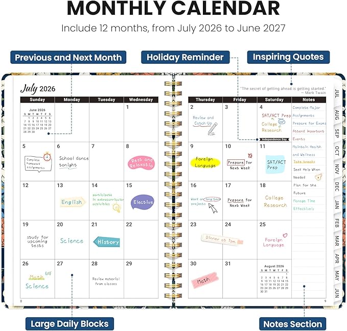 Planner 2026-2027, Hardcover Monthly and Weekly Academic Planner July 2026 - June 2027, Teacher and Student Calendar Agenda Book with Tabs, A5 (6.3" x 8.5"), Ideal for School and Office, Botanical Tapestry