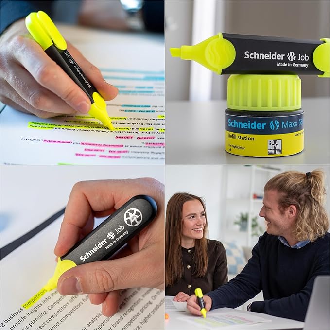 Schneider Job Highlighter, Chisel Tip, 1 + 5 mm, Black Barrel, Yellow Ink, Box of 10 Highlighters (1505)