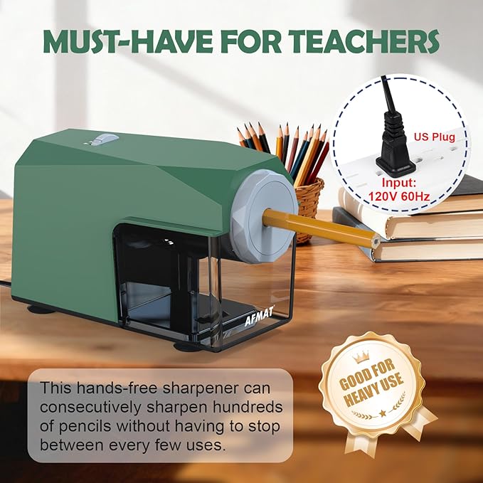 AFMAT Electric Pencil Sharpener, Fast & Hands-Free, 10K+ Uses, 5 Nibs, Fully Automatic Pencil Sharpener for Classroom, Heavy Duty Sharpeners for No.2/Jumbo/Colored Pencils (φ6.5-10.5mm) US Plug(120V)