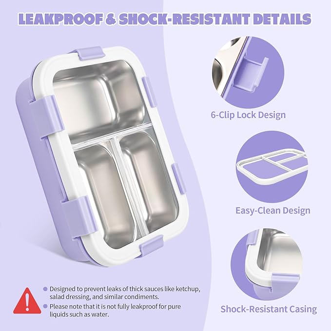 Kids Stainless Steel Lunch Box, 3 Compartments Leakproof Metal Bento Lunch Box, Containers with Silicone Lids for Office, Picnics, Dishwasher Safe, Purple
