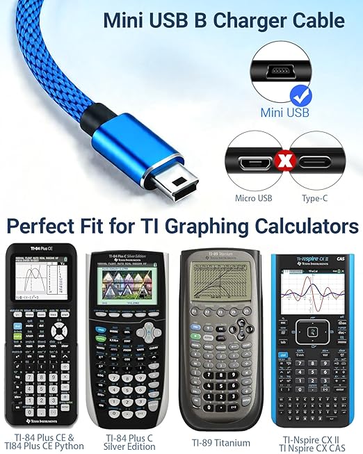 Mini USB Charger Cable for Texas Instruments Calculators, TI-84 Plus CE, TI-84 Plus C Silver Edition, TI-Nspire CX CAS, USB Charging & Data Sync, Nylon Braided 3.3FT (Blue)