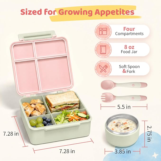 Bento Lunch Box with 8oz Soup Thermo, Kids Leakproof Lunch Food Containers with 4 Compartment, Kids Thermo Insulated Hot Food Jar for School, Trvael (Green-Pink)