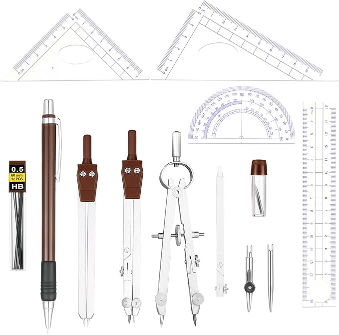 Outus 13 Pcs Geometry Set for Students Math Protractor Compass with Rulers Mechanical Pencil Lead Refills Storage Box of Protractors Kit for School Class Student Drafting Drawing