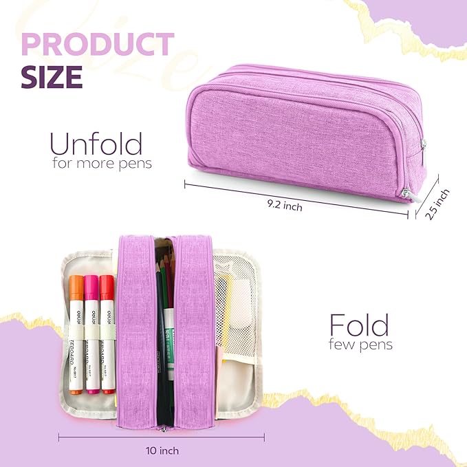 Large Capacity Pencil Case Pencil Pouch Pen Bag with 3 Compartment Stationery Organizer with Zipper, School Supplies Organizer for Teen Adults (Purple)