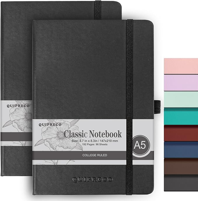2Pack Lined Hardcover Journal Notebook, A5 192 Pages 100Gsm Thick Paper College Ruled for School,Note Taking,Work,Diary，5.7''*8.3'',Black