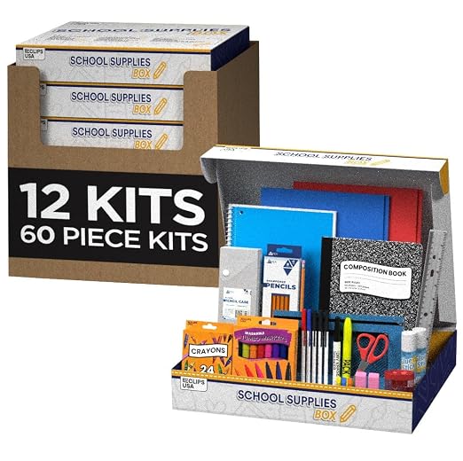 Back to School Supplies Kit 60 Piece, 12 Kits for K-5 Kids Bulk School Supplies Set School Supply Kit