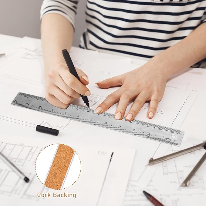 Stainless Steel 12 Inch Metal Ruler with Cork Backing - Non Slip Straight Edge Ruler with Inch and Centimeters for Students