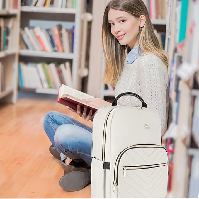 MATEIN Travel Laptop Backpack, Anti Theft Quilted Slim Backpacks for Women | Bookbag with Detachable Keychain Hook, Carry on Bags Purse, for Teacher Doctor Nurse, Fits 15.6 Inch Notebook, White