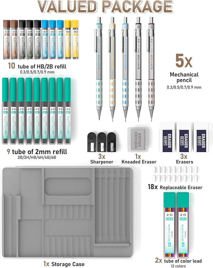 Nicpro 36PCS Mechanical Pencil Set, Art Drawing Pencils 0.3-2mm in Case | Mechanical Pencils Bulk, 0.3 0.5 0.7 0.9 2mm Drafting Pencils, Metal Barrel, 326PCS Lead Refills, for Sketching, Writing