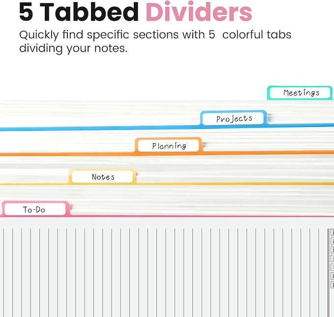 Taja Pretty Large Spiral Lined Notebook for Work with 5 Removable Dividers