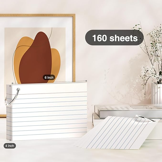 White Index Cards 4 x 6 Inch, 160 Count Lined Flash Cards with Ring for Back to School, Ruled and Blank Note Cards for Office Supply, Portable Colorful Study Flashcards for Home and School