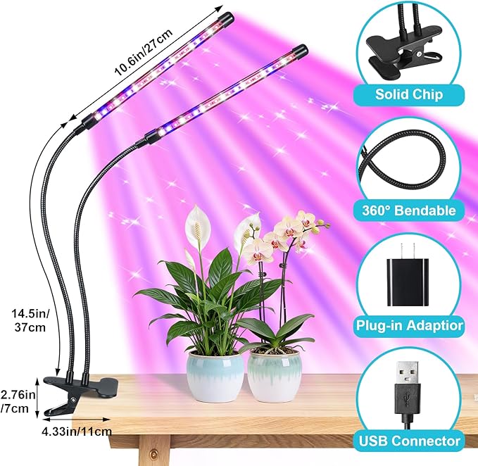 Grow Light for Indoor Plant, Full Spectrum Clip Plant Lamp with Red, Blue, White Light, Plant Growing Light with Adjustable Gooseneck, 4/8/12/18H Timer, 10 Brightness Levels, 3 Lighting Modes, 2 Pack