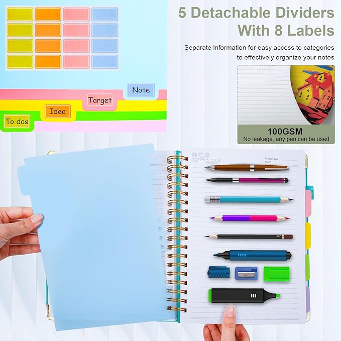 Hardcover Spiral Notebook 8.5"x11" Journal Notebook with Tabs and Removable Dividers 300 Pages 5 Subject Notebook College Ruled, Faux Leather Spiral Bound Notebook for Women School Work (Sage Green)