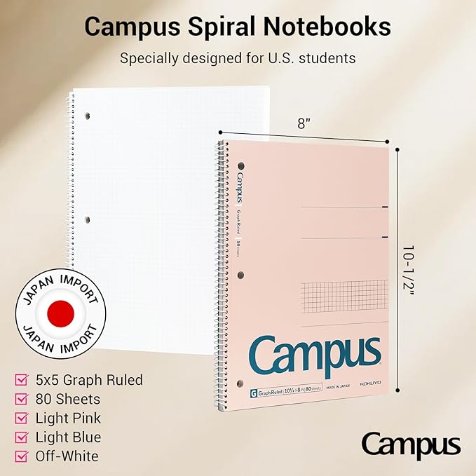 KOKUYO Spiral Notebook with 5x5 Graph Paper, 3 Pack Campus 10-1/2" x 8" Subject Notebooks, 80 Sheets, Light Pink Blue Off-White 3 Holes School Spiral Journal for Study Planner Drawing (WSG-SU-400G4×3) (Paper)