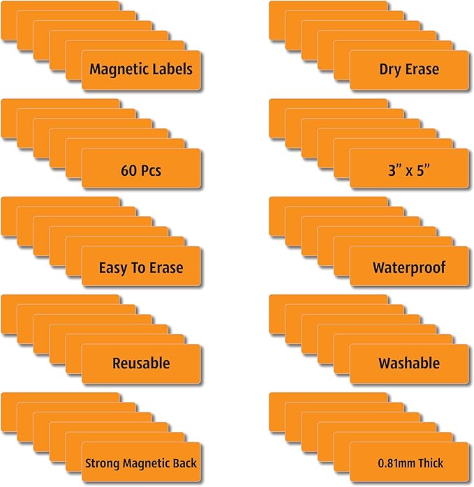 IMAGAME Magnetic Dry Erase Magnets Labels 3x1 inches, Reusable Name Tags, Organizing Schedules in Office/Classroom. Work on Fridge/White Board (Orange 60Pcs)