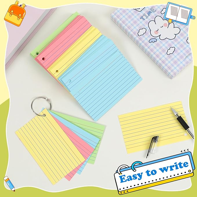 Colored Index Cards 4x6 Inch Flash Cards with Ring Lined Flashcards Heavyweight Note Cards for Studying School Supplies, 148 Count