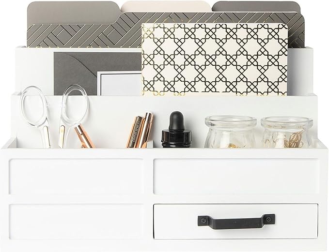 BLU MONACO | White Desktop Organizer with Drawer Storage | Tabletop Organizer with Drawers for Paper Bills Mail | Wooden Mail Organizer for Countertop Workspace