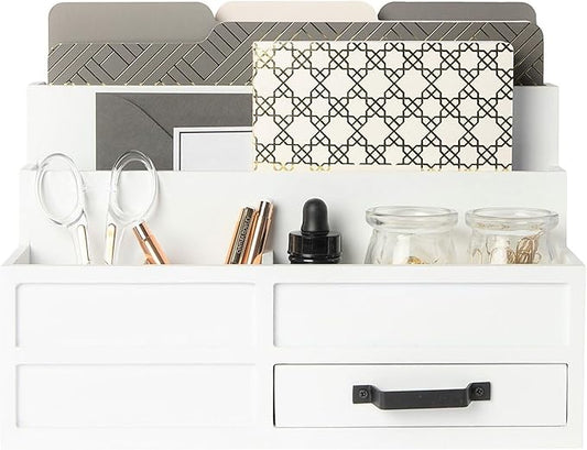 BLU MONACO | White Desktop Organizer with Drawer Storage | Tabletop Organizer with Drawers for Paper Bills Mail | Wooden Mail Organizer for Countertop Workspace