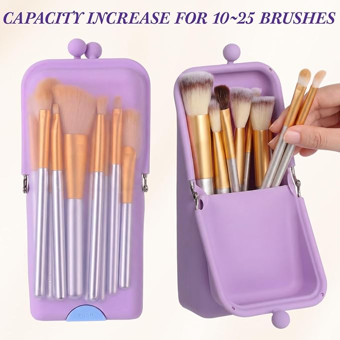 Kacctyen Makeup Brush Case Silicone Standing Makeup Brush Holder,Purple | Silicone Make up Travel Bag with Suction Portable Cosmetic Organizer Phone Stand Pouch for Travel Home Back to School Use