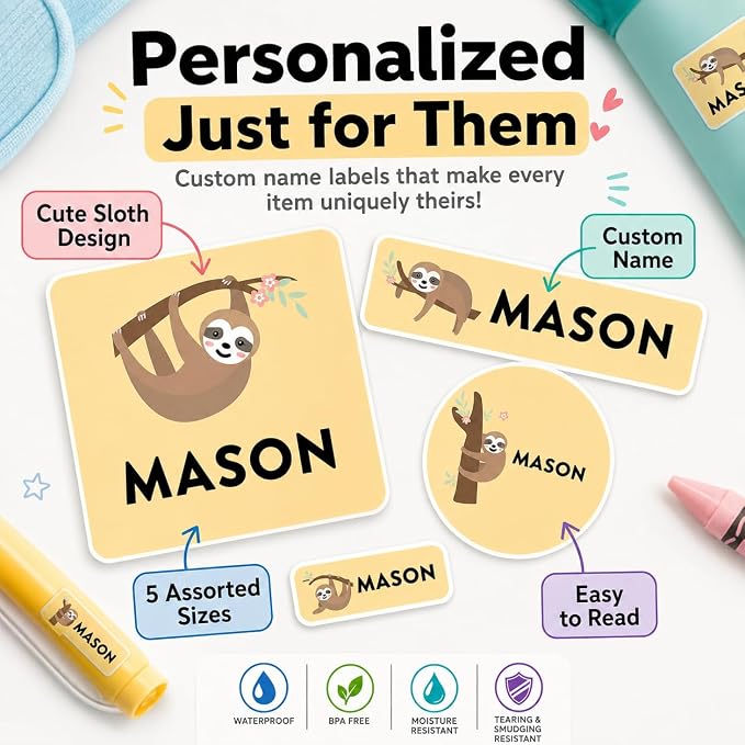 Andaz Press Custom Personalized Waterproof School Name Labels, Cute Sloth, 120-Pack, Kids Labels Combo Pack, Customizable Multi-Use Name Stickers for Preschool, Daycare, Supplies, Office, Camping