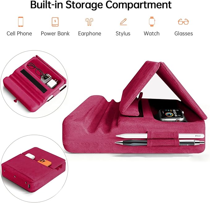 Tablet Pillow Stand with Storage, Foldable iPad Holder for Lep, Bed, Sofa, and Desk - Soft Pad Dock with Pocket and Stylus Mount Compatible with 4-13" iPad Pro/Air/Mini, Galaxy Tab, Kindle (Red)
