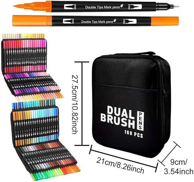 Dual Brush Markers Pens, 168 Colors Dual Tip(Fineliner & Brush) Art Markers, Artist Coloring Marker Set for Adult Coloring Books No Bleeding