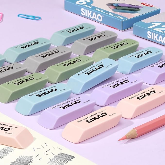 Morandi Erasers, 6 Pack Pencil Erasers for Kids – Aesthetic Pastel Beveled Rubber Erasers, Latex-Free & Smudge-Free for School Supplies, Classroom & Daily Writing