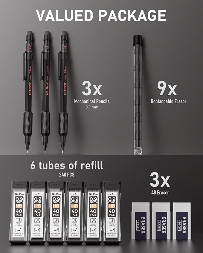 Nicpro 0.9 Metal Mechanical Pencil Set with Case, 3PCS | MP2000 Heavy Duty Lead Pencil + 6 Tube HB Lead Refill, Eraser, Weatherproof Metal Barrel for Outdoor Writing Drafting Drawing