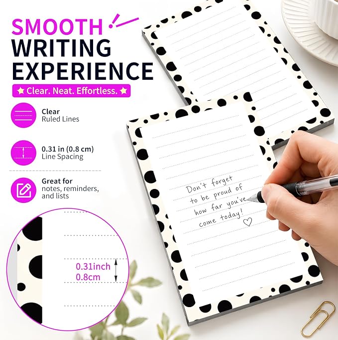 Lined Sticky Notes 4x6 in, 2 Pack Large Cute Notepads with Lines Self-Stick Note Pad, Funny Memo Pads Strong Adhesive for Office, Home Cute Polka Dots