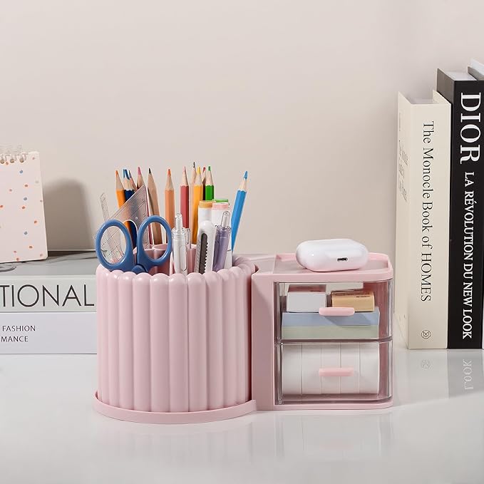 Anyoifax 360° Rotating Pen Holder 7 Slots Desk Organizer with Drawer Removable Pencil Cup Plastic Art Supplies and Accessories Desktop Storage Box Caddy for Office, School, Home (Green)