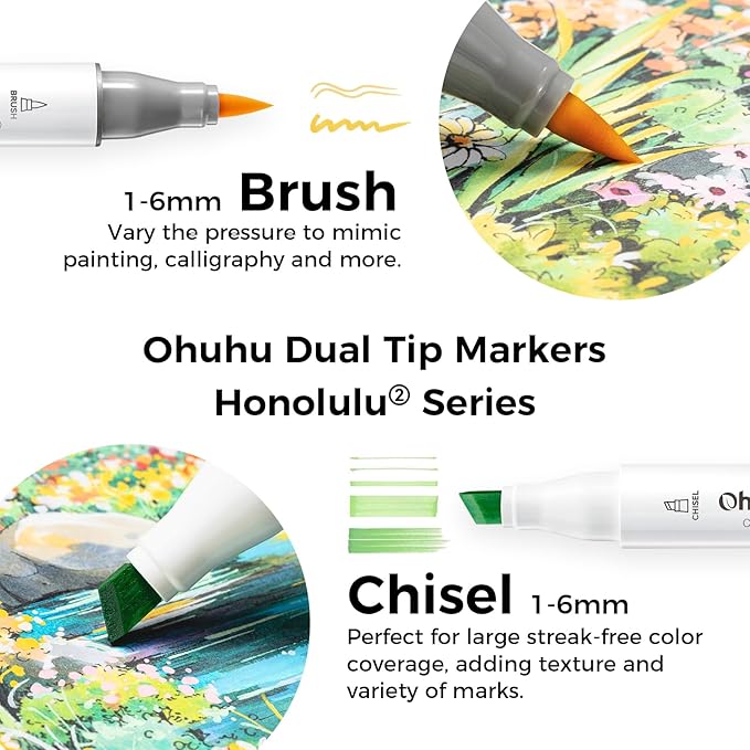Ohuhu Alcohol Markers Brush Tip -Double Tipped Art Marker Set for Artist Adults Coloring Illustration - 120 Colors- Brush & Chisel Dual Tips- Honolulu 2 of Ohuhu Markers- Refillable Alcohol-based Ink