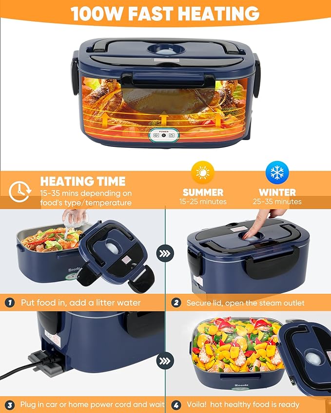 Eocolz Electric Lunch Box Food Heater 80-100W, Food Warmer with Dual Container 1.5L Portable Heated Lunch Box for Car Truck Work Stainless Steel Fork & Spoon 12/24/110V for Adults Lonchera Eléctrica