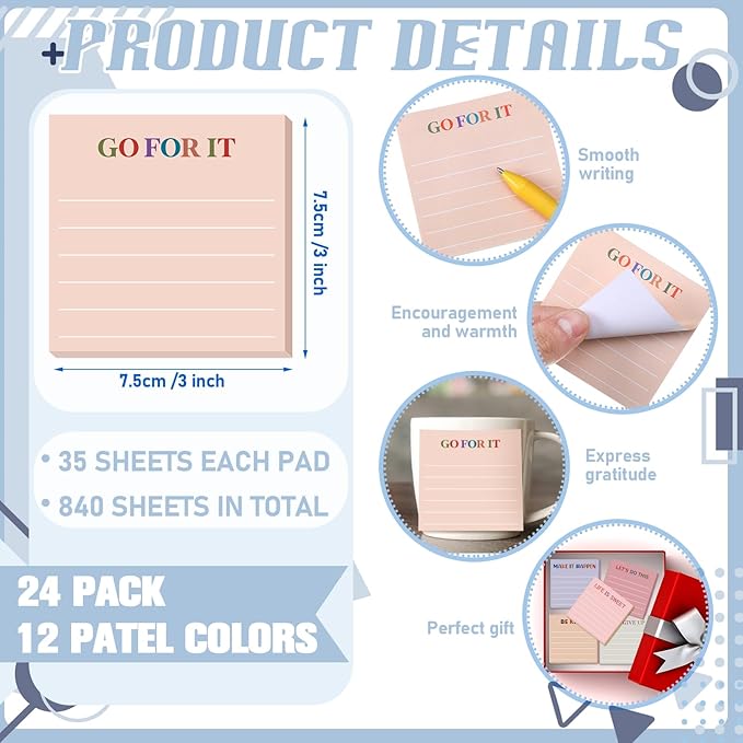 Yinder 24 Pcs Inspirational Sticky Notes Cute Motivational Sticky Notes Pad End of Year Employee Appreciation Gifts Bulk for Teacher Nurse Coworkers Office Supplies 3 x 3'' (Motivational,Aesthetics)