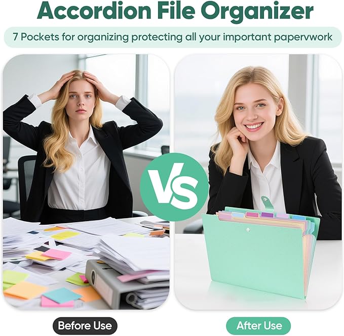 Agoer Accordion File Organizer with 7 Pockets,Eco-Friendly Wheat Straw Expanding File Folder,A4/Letter Size Portable Document Folder with Labels and Snap Closure for School Office College Supplies