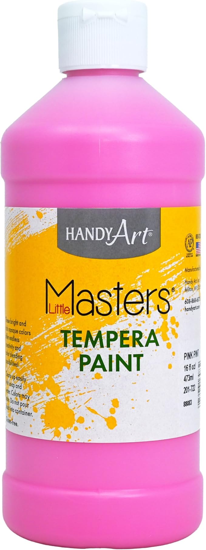 Handy Art Little Masters Tempera Paint, Pink, 16 oz Bottle, Bright & Mixable, High Opacity, Washable Colors for Classroom, Students, Kids, Young Artists, Safe & Non-Toxic, Made in USA