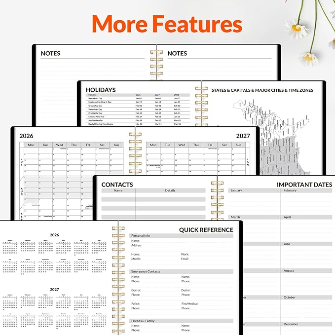 SUNEE Academic Planner 2026-2027 – Weekly & Monthly Planner, July 2026 to June 2027, 6.4"x8.3", Thick Paper, Tabs, Pockets, Bookmark, Spiral-Bound, Student Teacher Organizer, Black