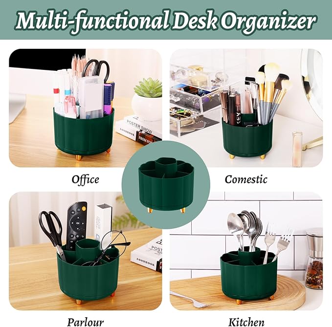 Desktop Organizer 360 Rotating, with 6 Slots Pen & Pencil Holder, Desk Caddy for Markers, pen, pencil, Space Saving Office Organization, Small Desk Essentials, Work Home, Green