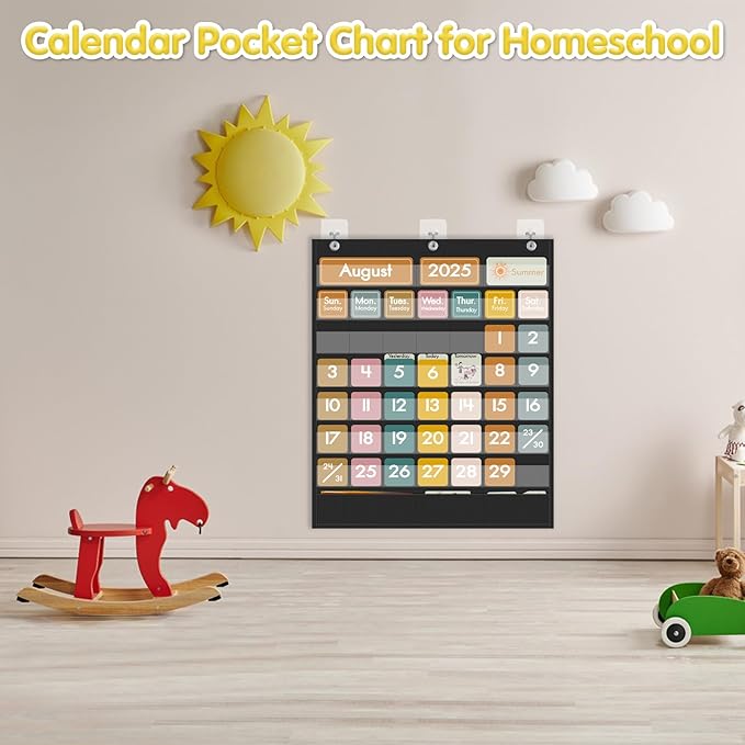 48 Pockets Classroom Calendar for Kids Learning, Pocket Chart Calendar Decor with Special Educational Cards, Teacher and Classroom Must Have Supplies, Boho