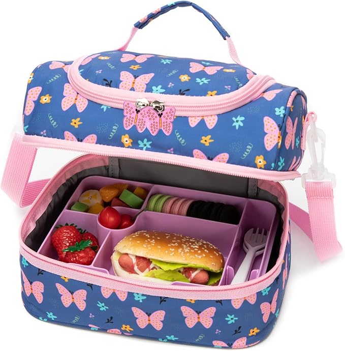 Insulated Kids Dual Compartment Lunch Bags Tote for Girls Boys Toddler Lunch Boxes Pre-School Toddler Kindergarten Picnic Camp Food Cooler Thermal with Strap (ZPINK‌BTFLY)
