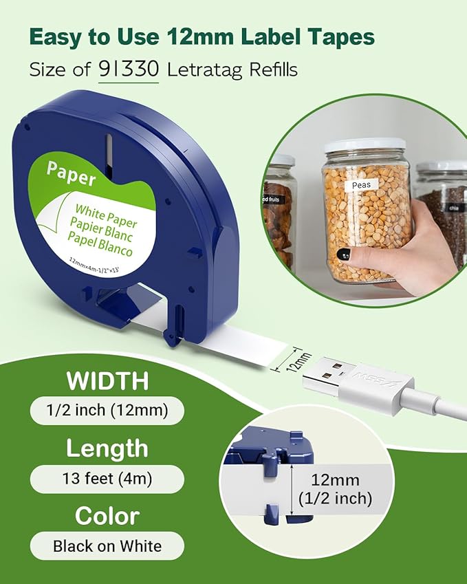 Replace for Dymo Letratag Refills White Paper 12mm Compatible for Dymo Label Maker Refills White Paper 1/2'' for Letra Tag Label Maker Refills 91330 for 100H 100T Plus 200B QX50 XR XM 2000,5-PK