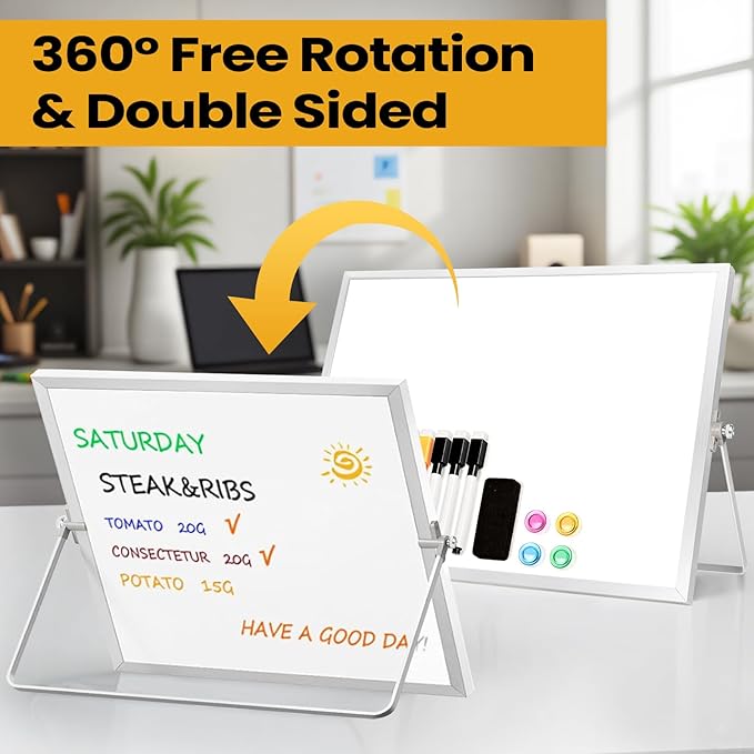 Desktop Whiteboard with Stand, 16" x 12" Double-Sided Dry Erase Board with Stand, Portable Stand White Board for Office, Home, School