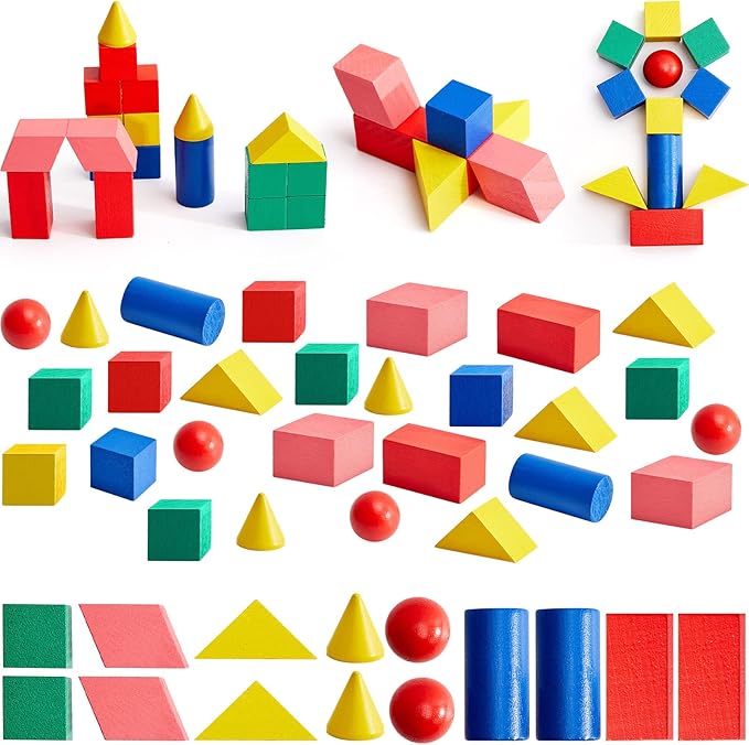 Hiboom 280 Pcs 3D Shapes Geometric Solid for Teaching Wood Mini Geometric Shapes Colorful Education Blocks Classroom Manipulatives Blocks for Geometry Math Learning Kindergarten Preschool