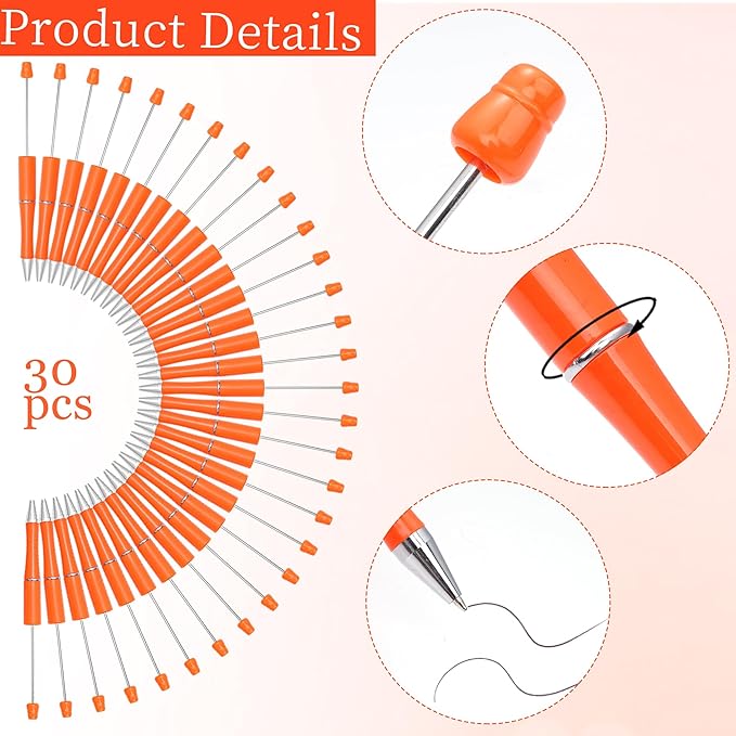 jiebor 30Pcs Beadable Pens Plastic Bead Ballpoint DIY Cute Cool Pens Black Ink for Women Men Bridal Graduation Gift Office Supplies Orange