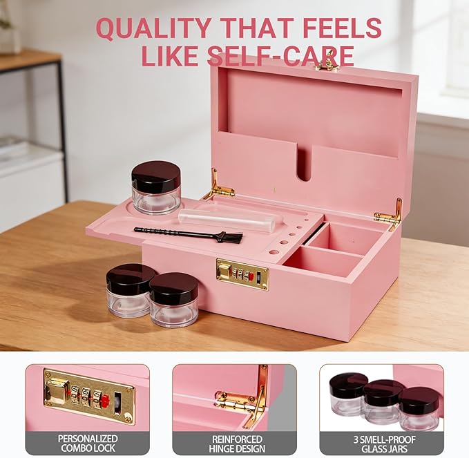 Bamboo Wood Desktop Organizer with 3 Glass Jars and Sliding Tray - Red Multi-Compartment Storage Case for Craft Supplies, Stationery, and Small Accessories (Pink)