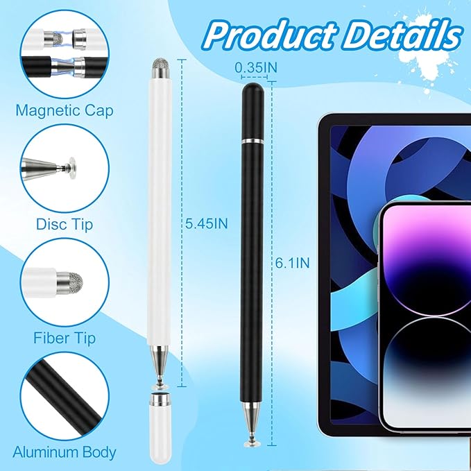 Stylus Pens for Touch Screens (2 Pcs), 2 in 1 Magnetic Disc & Fiber Tip Stylus Pen for iPad with Magnetic Cap, Compatible with All Touch Screens - Free Replacement Disc Tips, Black and White