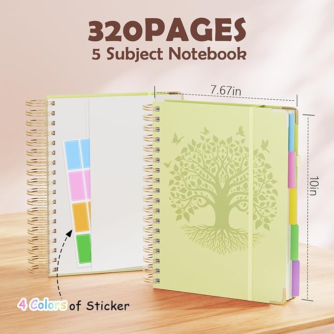 QIYVLOS Hardcover Spiral Notebook, B5 Journal with Removable Dividers Tabs, 5 Subject Notebook College Ruled, 320 Pages 8"x10" Leather Notebooks for Work School Study, Lined Journal for Women, Yellow
