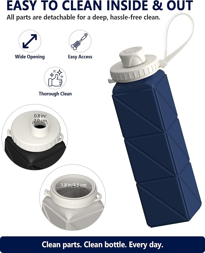 BEAUTAIL Collapsible Water Bottles 21oz/610mL, Silicone Travel Water Bottle | BPA Free, Leakproof & Reusable, Foldable Water Bottle for Traveling, Hiking, School, Sports, Outdoor, 2-Pack, Black+DarkBlue