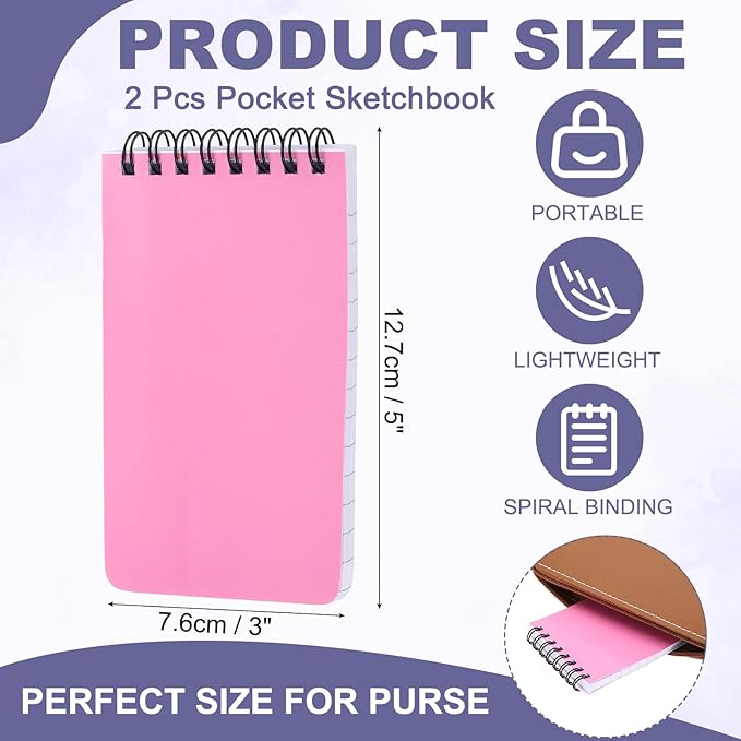 PATIKIL 3x5" Pocket Sketchbook, 2 Pcs Top Spiral Notebook Mini Lined Notebook Memo Pads 80GSM 60 Sheets/120 Pages Hard Cover Portable for Office Outdoor Travel Journal Draw, Pink