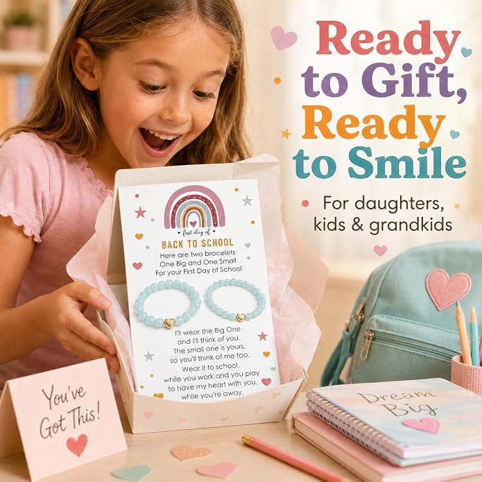 Back to School Bracelets Heart Matching Mommy and Me Elastic Wish Strings Bead Bracelets First Day of School Supplies Gifts